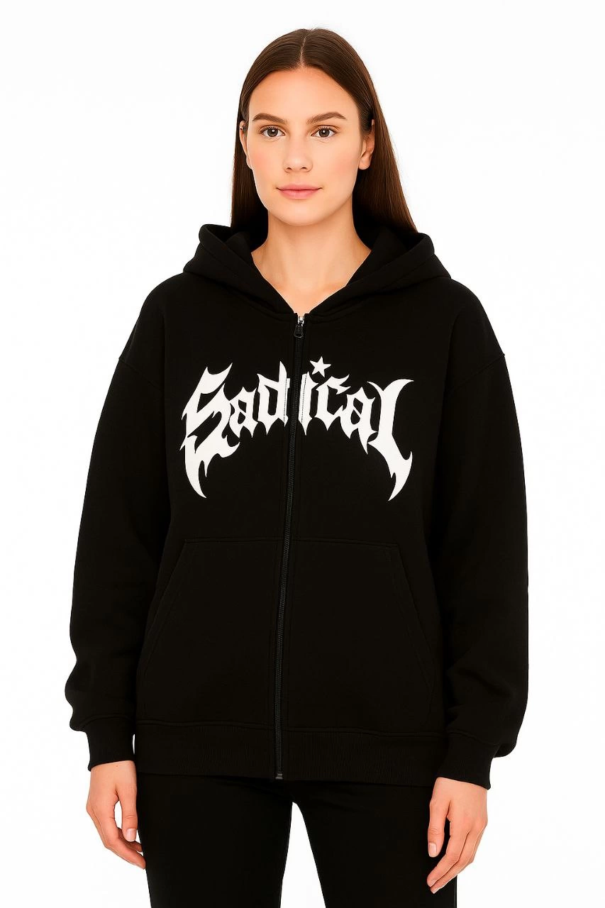 ASSEMA Kadın Kapüşonlu 3 İplik Şardonlu Önü Baskılı Fermuarlı Oversize Sweatshirt - Siyah