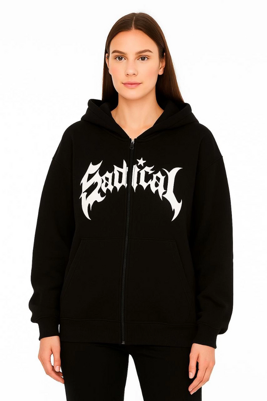 ASSEMA Kadın Kapüşonlu 3 İplik Şardonlu Önü Baskılı Fermuarlı Oversize Sweatshirt - Siyah
