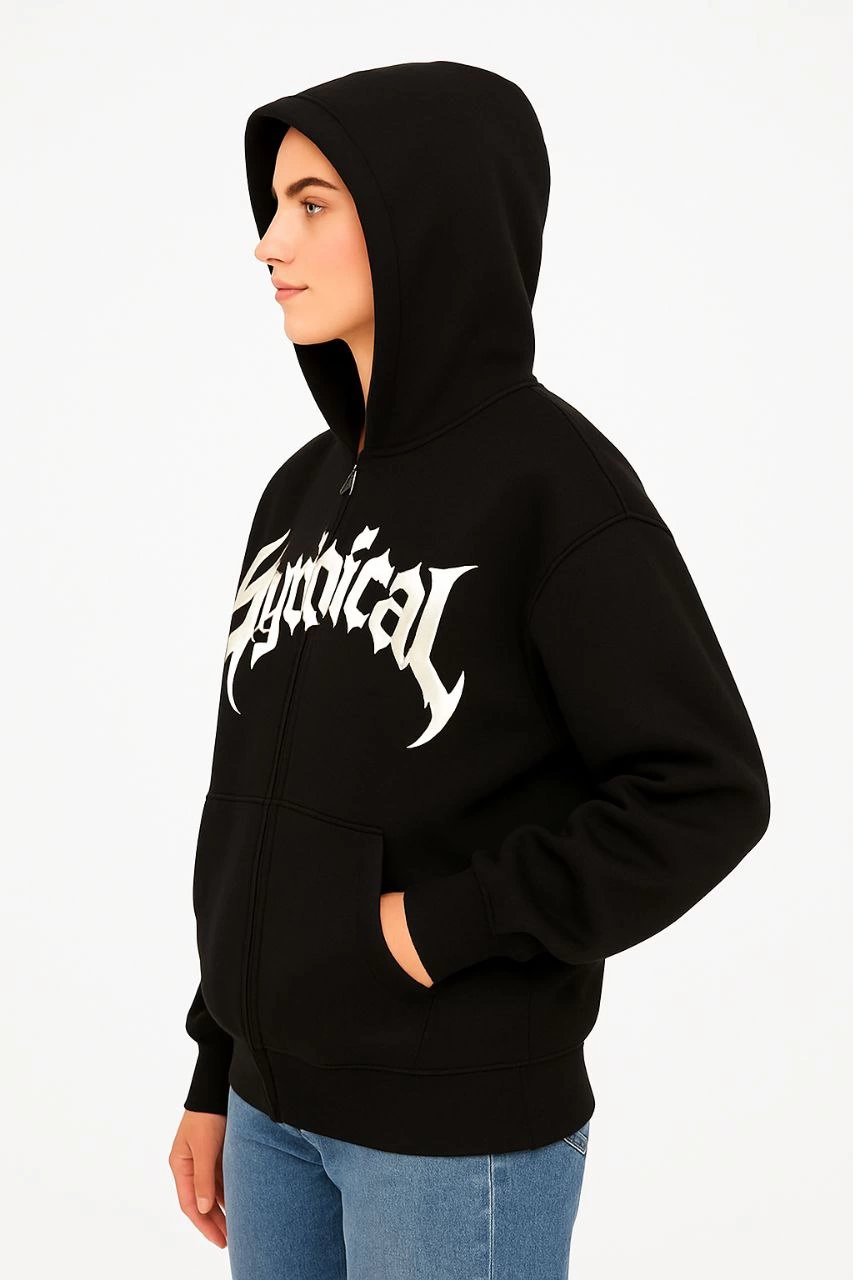 ASSEMA Kadın Kapüşonlu 3 İplik Şardonlu Önü Baskılı Fermuarlı Oversize Sweatshirt - Siyah