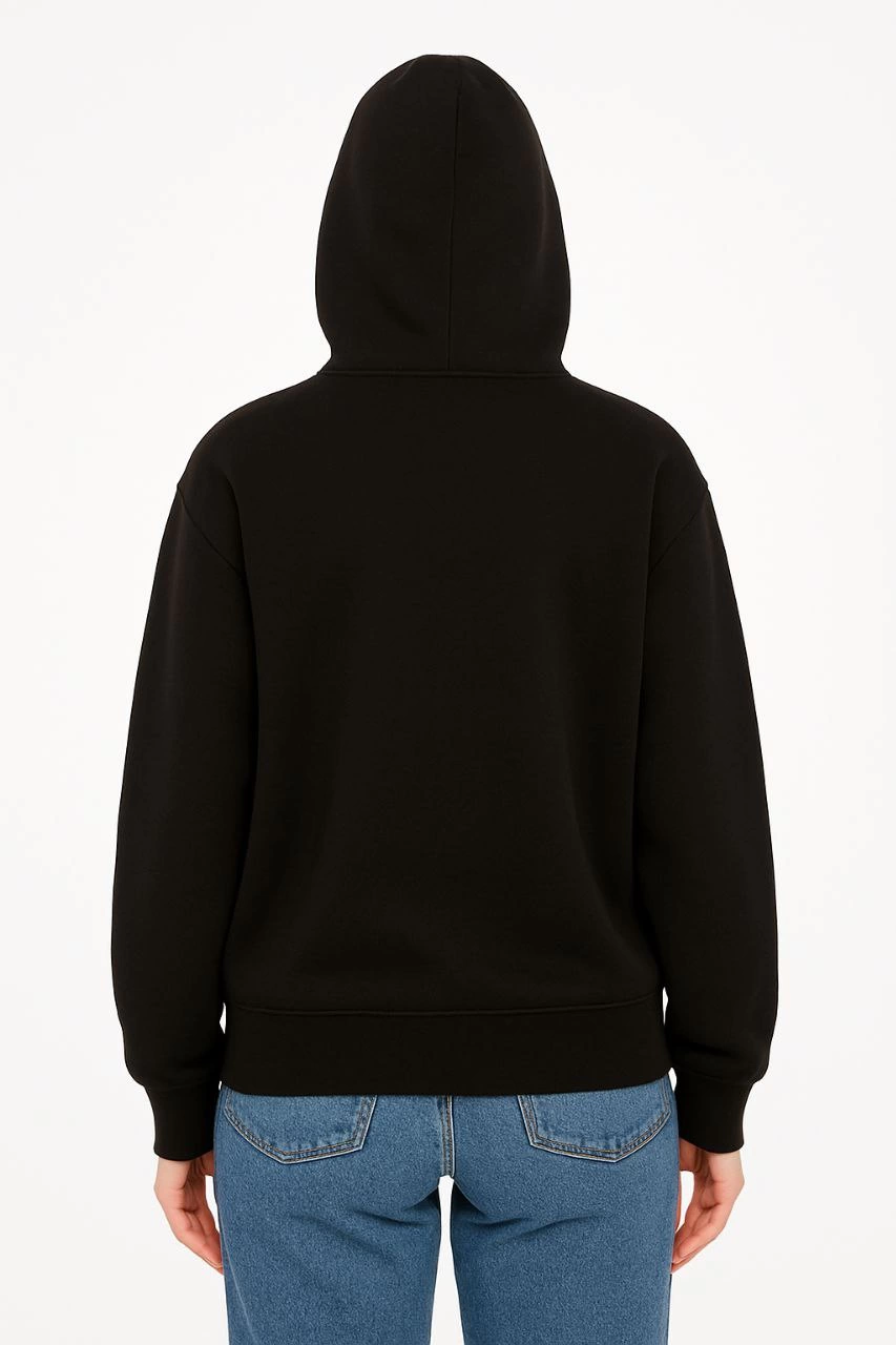 ASSEMA Kadın Kapüşonlu 3 İplik Şardonlu Önü Baskılı Fermuarlı Oversize Sweatshirt - Siyah