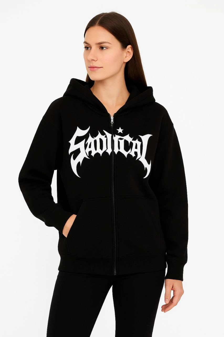 ASSEMA Kadın Kapüşonlu 3 İplik Şardonlu Önü Baskılı Fermuarlı Oversize Sweatshirt - Siyah