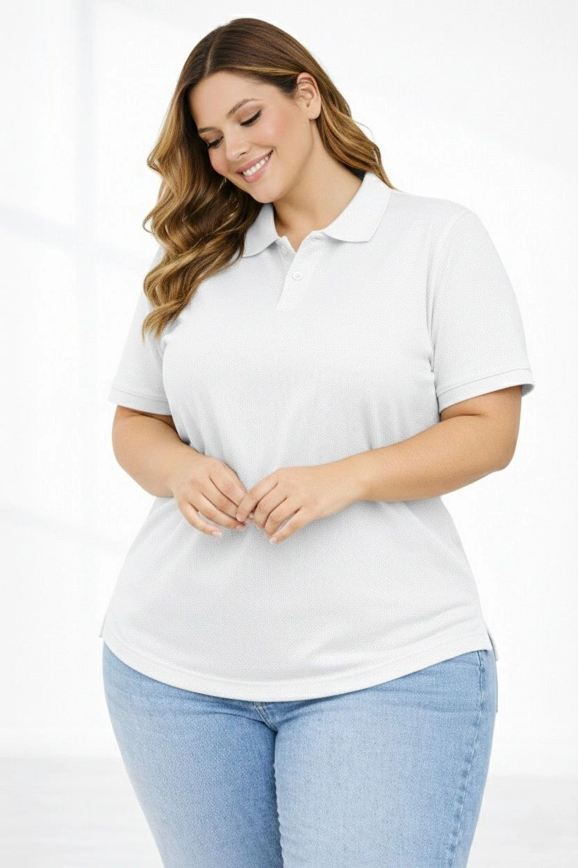 ASSEMA Kadın Pike Kumaş Düğmeli Yaka Battal Büyük Beden Günlük Kısa kol Tişört T-shirt - Beyaz
