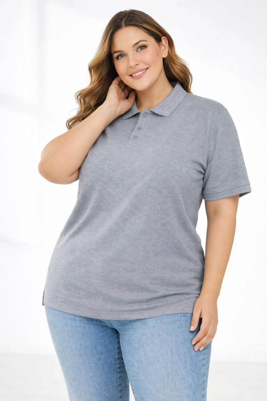 ASSEMA Kadın Pike Kumaş Düğmeli Yaka Battal Büyük Beden Günlük Kısa kol Tişört T-shirt - Gri