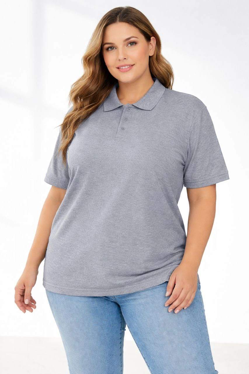 ASSEMA Kadın Pike Kumaş Düğmeli Yaka Battal Büyük Beden Günlük Kısa kol Tişört T-shirt - Gri