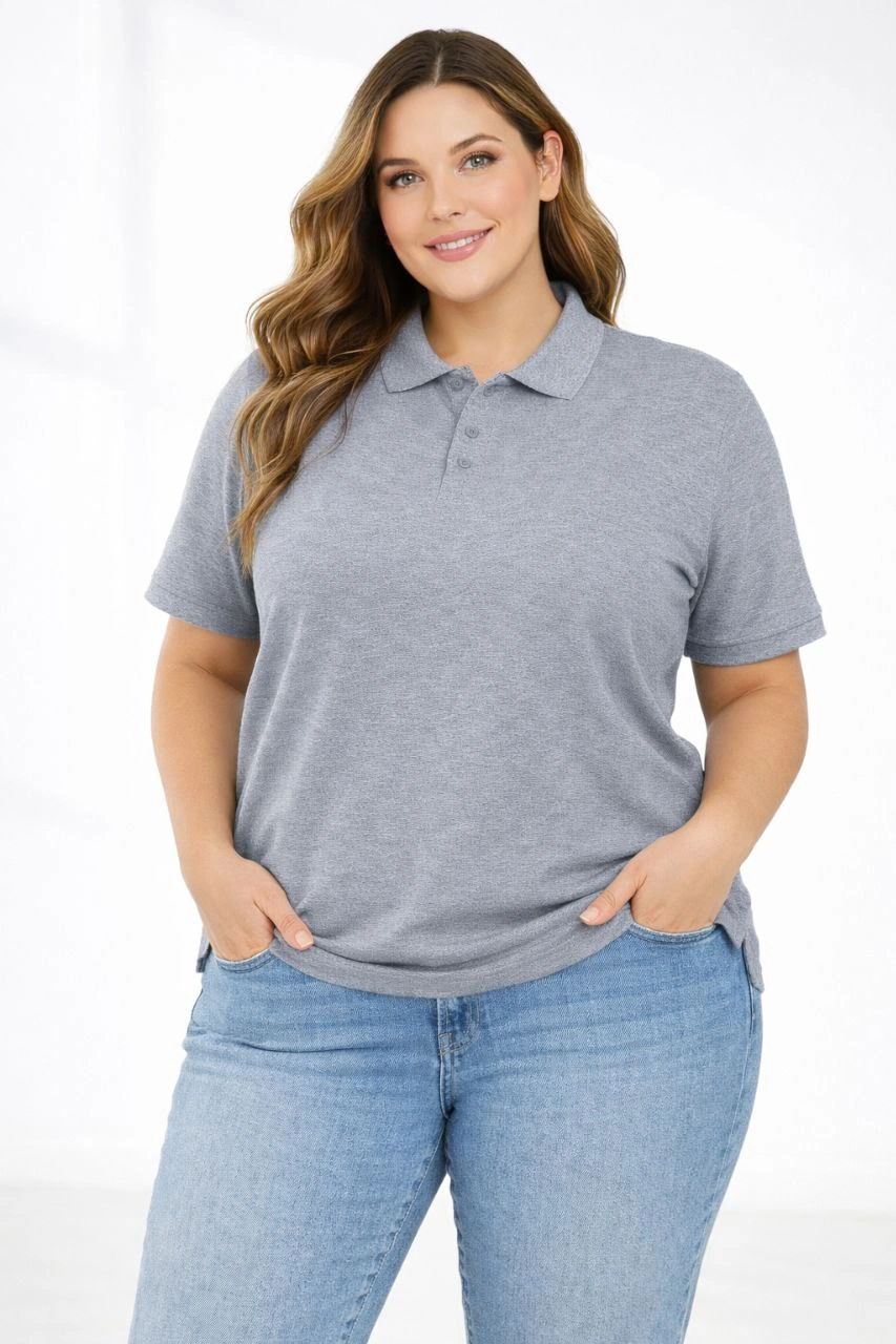 ASSEMA Kadın Pike Kumaş Düğmeli Yaka Battal Büyük Beden Günlük Kısa kol Tişört T-shirt - Gri