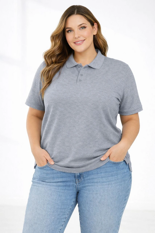 ASSEMA Kadın Pike Kumaş Düğmeli Yaka Battal Büyük Beden Günlük Kısa kol Tişört T-shirt - Gri