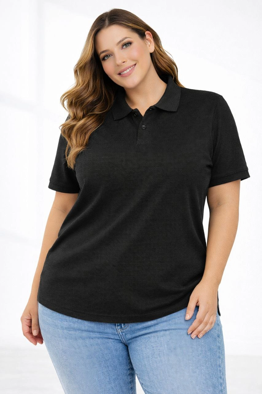 ASSEMA Kadın Pike Kumaş Düğmeli Yaka Battal Büyük Beden Günlük Kısa kol Tişört T-shirt - Siyah