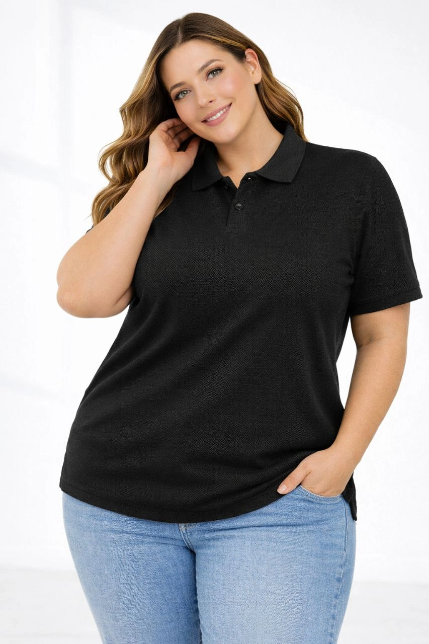 ASSEMA Kadın Pike Kumaş Düğmeli Yaka Battal Büyük Beden Günlük Kısa kol Tişört T-shirt - Siyah