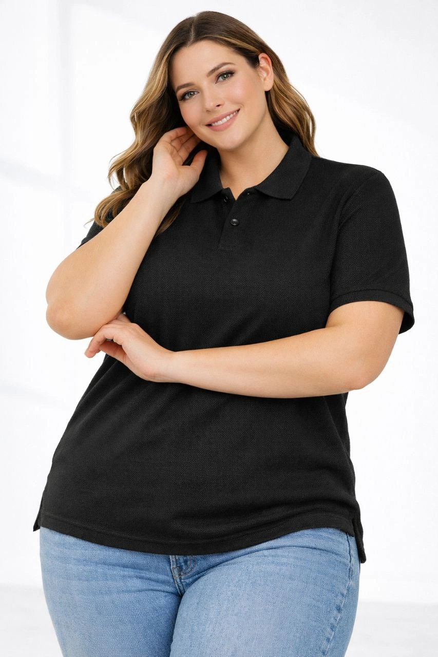ASSEMA Kadın Pike Kumaş Düğmeli Yaka Battal Büyük Beden Günlük Kısa kol Tişört T-shirt - Siyah