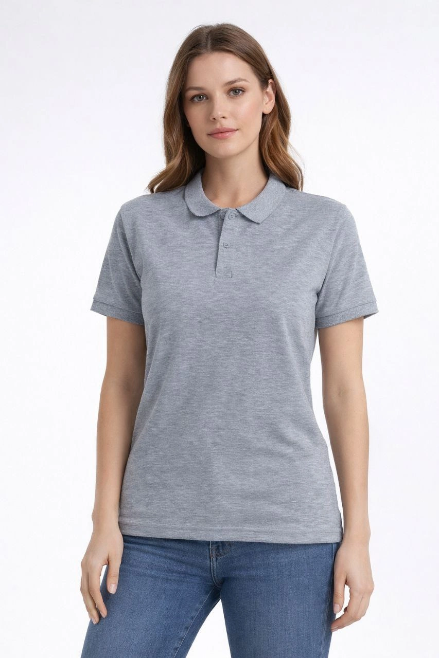 ASSEMA Kadın Pike Kumaş Düğmeli Yaka Regular Rahat Günlük Kısa kol Tişört T-shirt - Gri