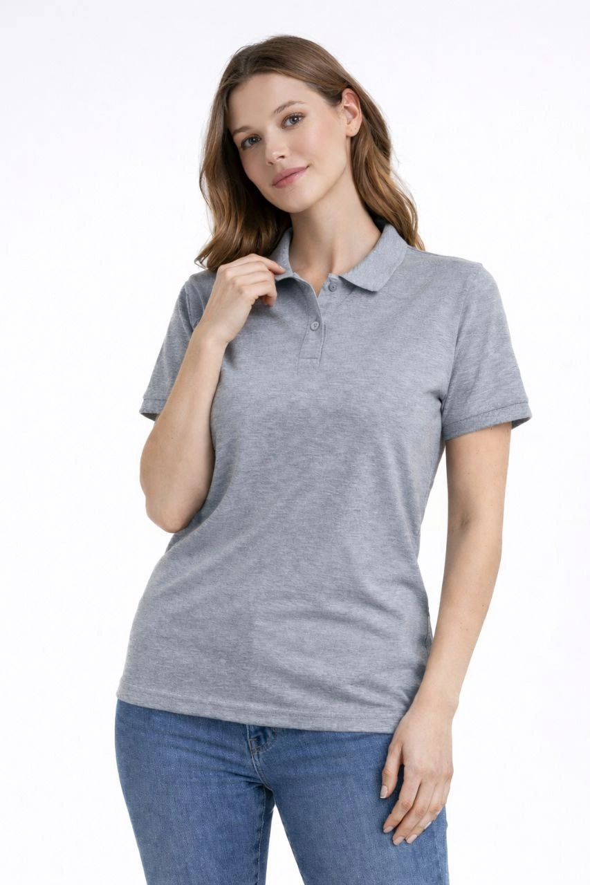 ASSEMA Kadın Pike Kumaş Düğmeli Yaka Regular Rahat Günlük Kısa kol Tişört T-shirt - Gri