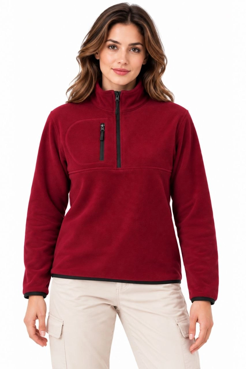 Kadın Polar Dik Yaka Yarım Fermuarlı Fermuarlı Göğüs Cepli Regular Fit Kışlık Sweatshirt - Bordo