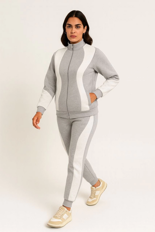 ASSEMA Kadın Premium Parçalı Eşofman Alt-Üst Takım - Dik Yaka Fermuarlı Sweatshirt - Gri