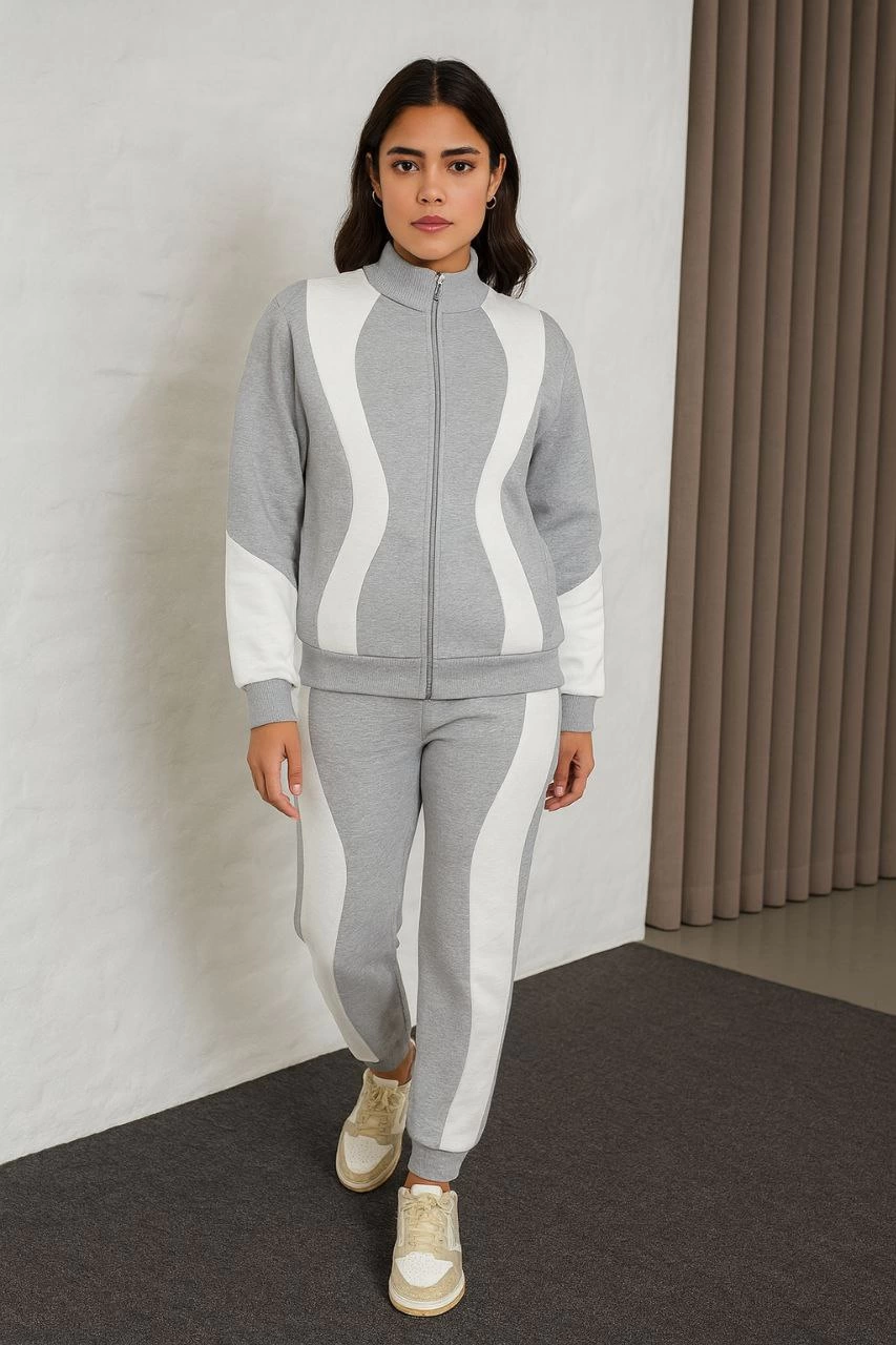 ASSEMA Kadın Premium Parçalı Eşofman Alt-Üst Takım - Dik Yaka Fermuarlı Sweatshirt - Gri