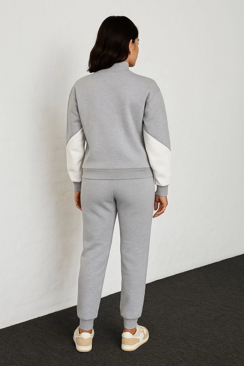 ASSEMA Kadın Premium Parçalı Eşofman Alt-Üst Takım - Dik Yaka Fermuarlı Sweatshirt - Gri