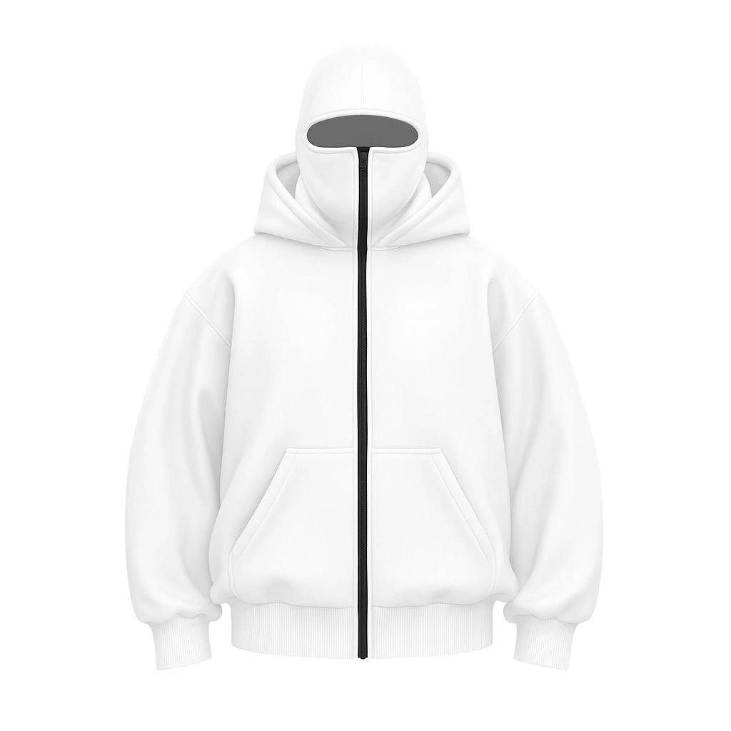 ASSEMA Kadın Samuray Ninja Çift Kapüşonlu Maske Detaylı Fermuarlı Kanguru Cepli Hoodie - Beyaz