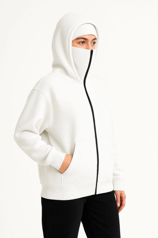 ASSEMA Kadın Samuray Ninja Çift Kapüşonlu Maske Detaylı Fermuarlı Kanguru Cepli Hoodie - Beyaz