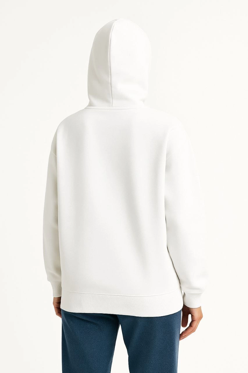 ASSEMA Kadın Samuray Ninja Çift Kapüşonlu Maske Detaylı Fermuarlı Kanguru Cepli Hoodie - Beyaz
