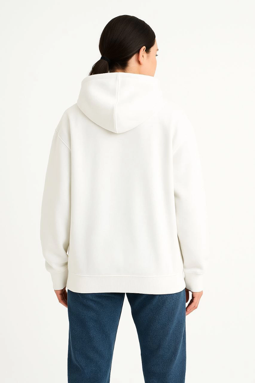 ASSEMA Kadın Samuray Ninja Çift Kapüşonlu Maske Detaylı Fermuarlı Kanguru Cepli Hoodie - Beyaz