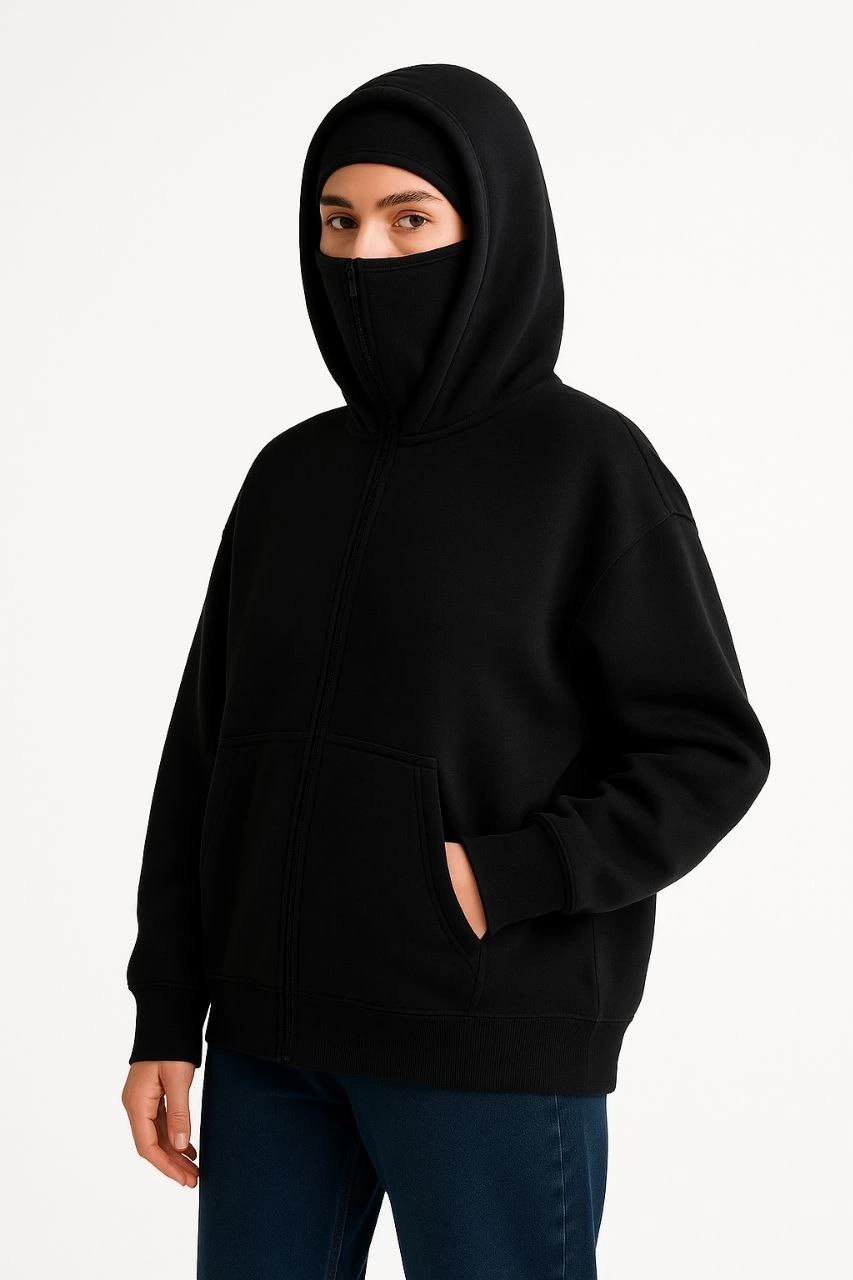 ASSEMA Kadın Samuray Ninja Çift Kapüşonlu Maske Detaylı Fermuarlı Kanguru Cepli Hoodie - Siyah