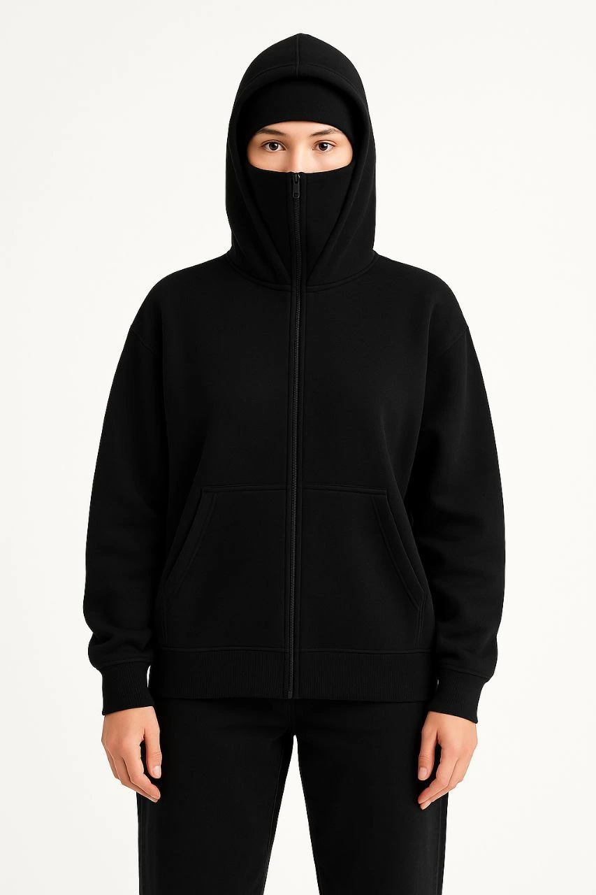 ASSEMA Kadın Samuray Ninja Çift Kapüşonlu Maske Detaylı Fermuarlı Kanguru Cepli Hoodie - Siyah