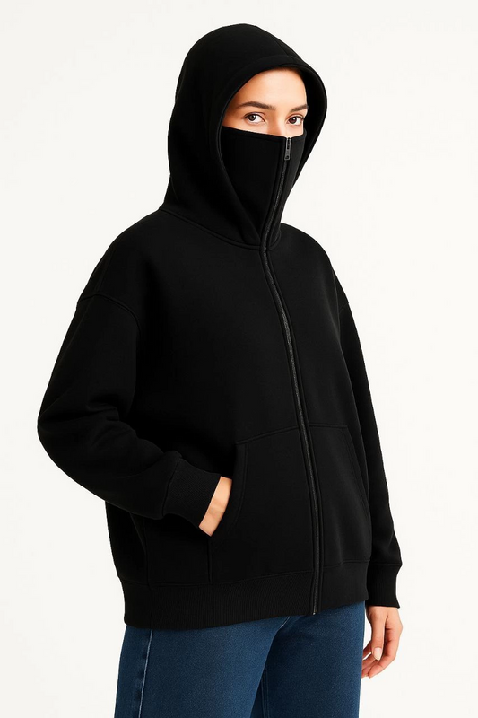 ASSEMA Kadın Samuray Ninja Çift Kapüşonlu Maske Detaylı Fermuarlı Kanguru Cepli Hoodie - Siyah