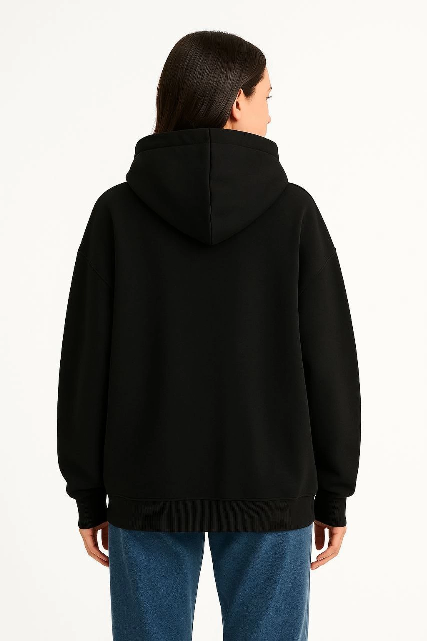 ASSEMA Kadın Samuray Ninja Çift Kapüşonlu Maske Detaylı Fermuarlı Kanguru Cepli Hoodie - Siyah