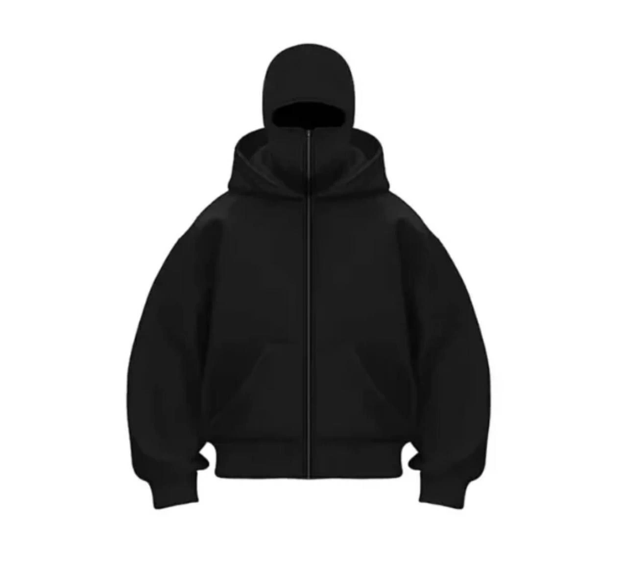 ASSEMA Kadın Samuray Ninja Çift Kapüşonlu Maske Detaylı Fermuarlı Kanguru Cepli Hoodie - Siyah