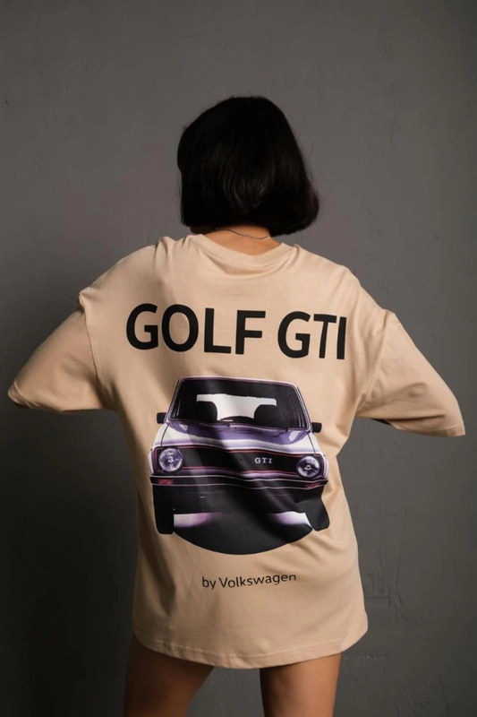 ASSEMA Kadın Oversize Tişört Golf GTI Retro Araba Baskılı T-shirt - Bej