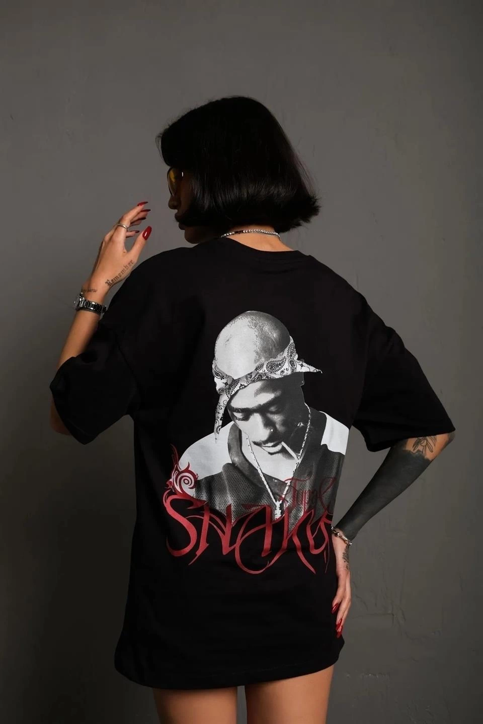 ASSEMA Kadın Baskılı T-Shirt Oversize Kısa kol Bisiklet yaka tişort- Siyah