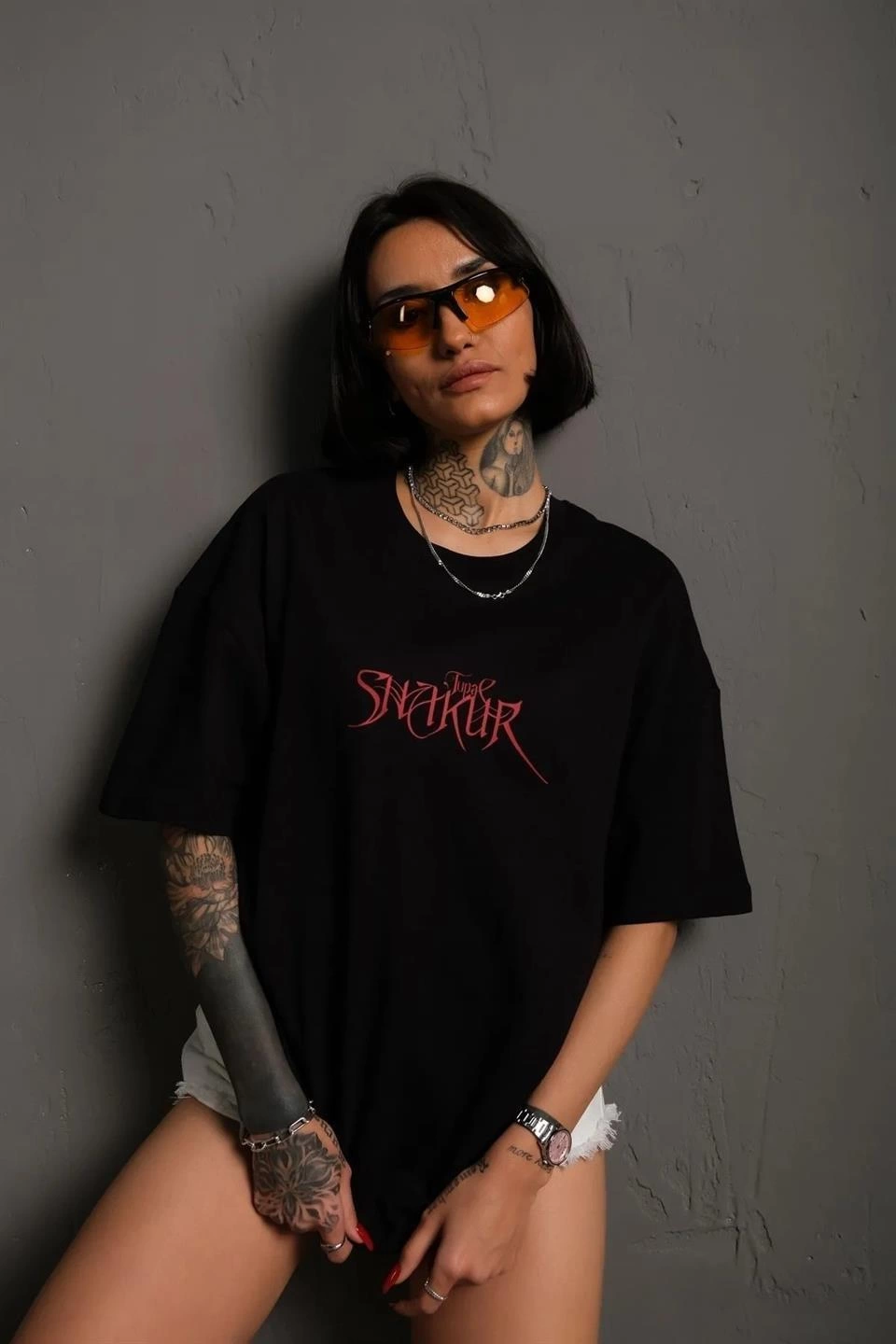 ASSEMA Kadın Baskılı T-Shirt Oversize Kısa kol Bisiklet yaka tişort- Siyah