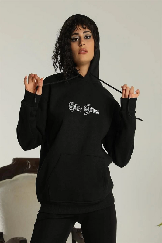 ASSEMA Kadın Kapşonlu Sweatshirt Oversize Üç İplik Şardonlu Other Lives Ön Arka Baskılı - Siyah