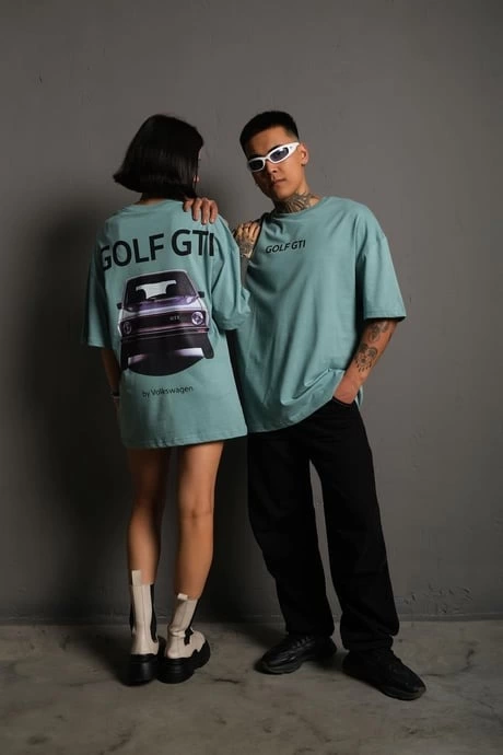 ASSEMA Kadın Oversize Tişört Golf GTI Retro Araba Baskılı T-shirt- Mint Yeşili