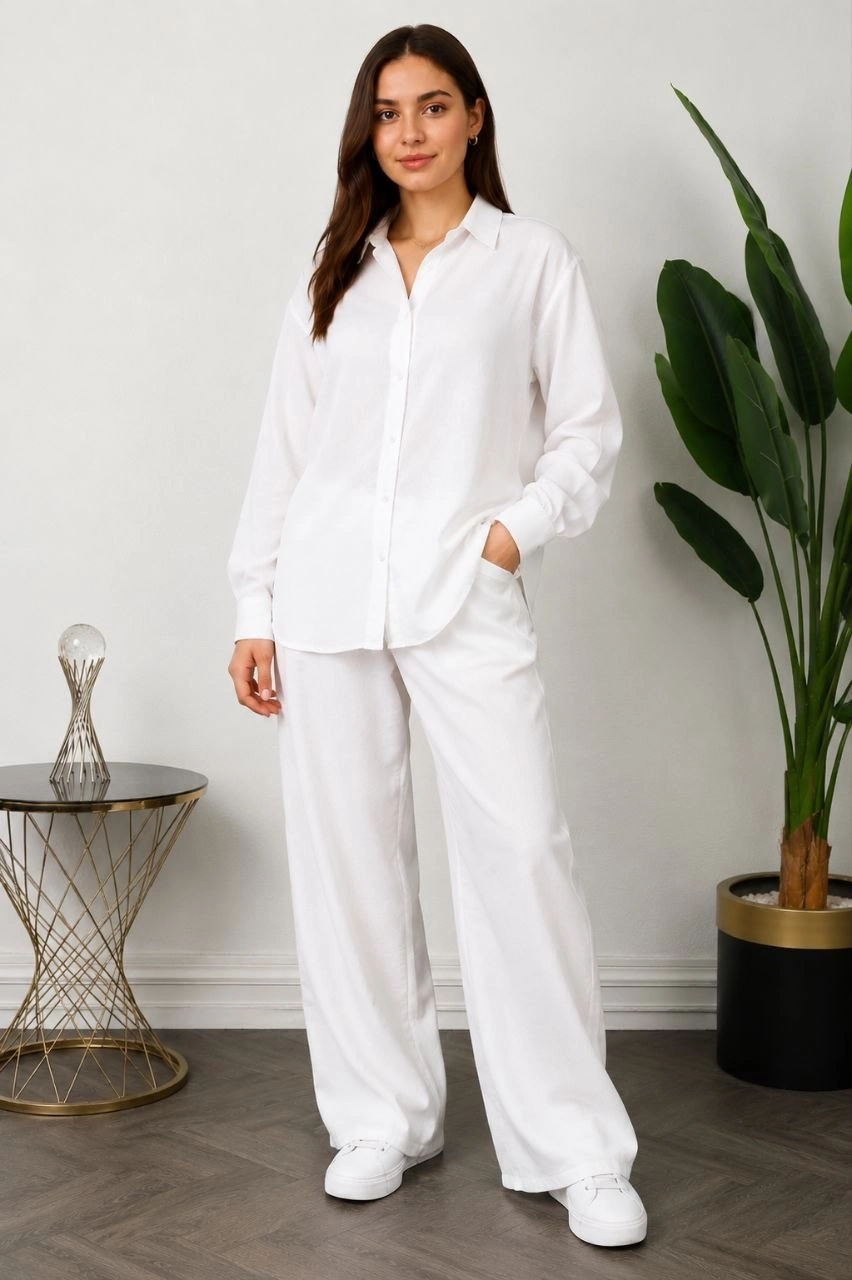 Kadın Sofya Keten Gömlek Pantolon Alt Üst Takım Uzun Kollu - Beyaz