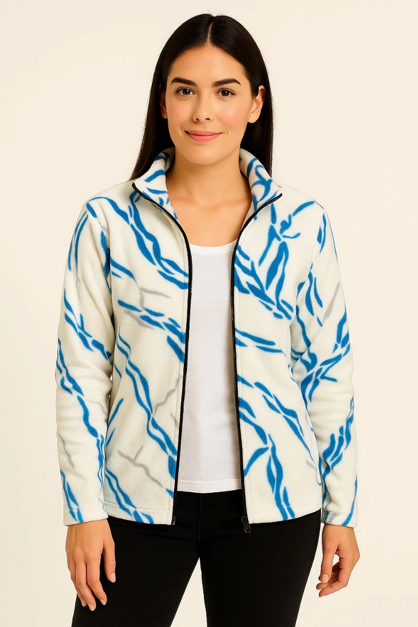 ASSEMA Kadın Tam Fermuarlı Desenli Polar Sweat Lightning Desen Yakalı Uzun Kollu Oversize - Beyaz