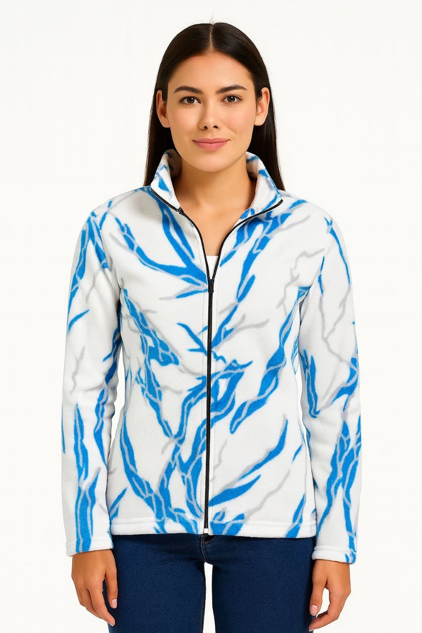 ASSEMA Kadın Tam Fermuarlı Desenli Polar Sweat Lightning Desen Yakalı Uzun Kollu Oversize - Beyaz