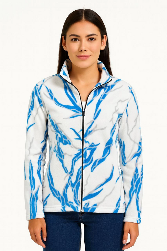 ASSEMA Kadın Tam Fermuarlı Desenli Polar Sweat Lightning Desen Yakalı Uzun Kollu Oversize - Beyaz