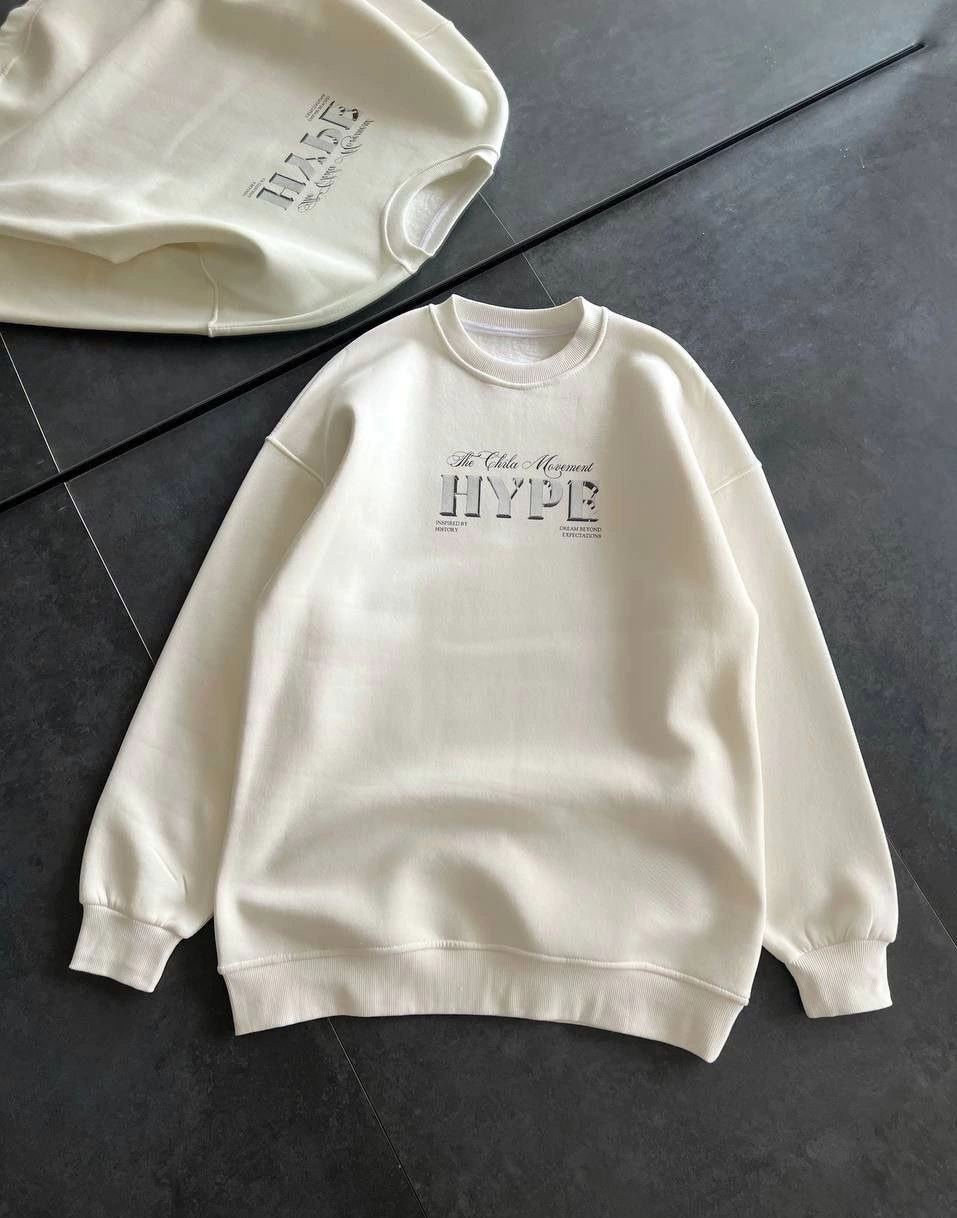ASSEMA Kadın Üç İplik Bisiklet Yaka Baskılı SweatShirt - Beyaz