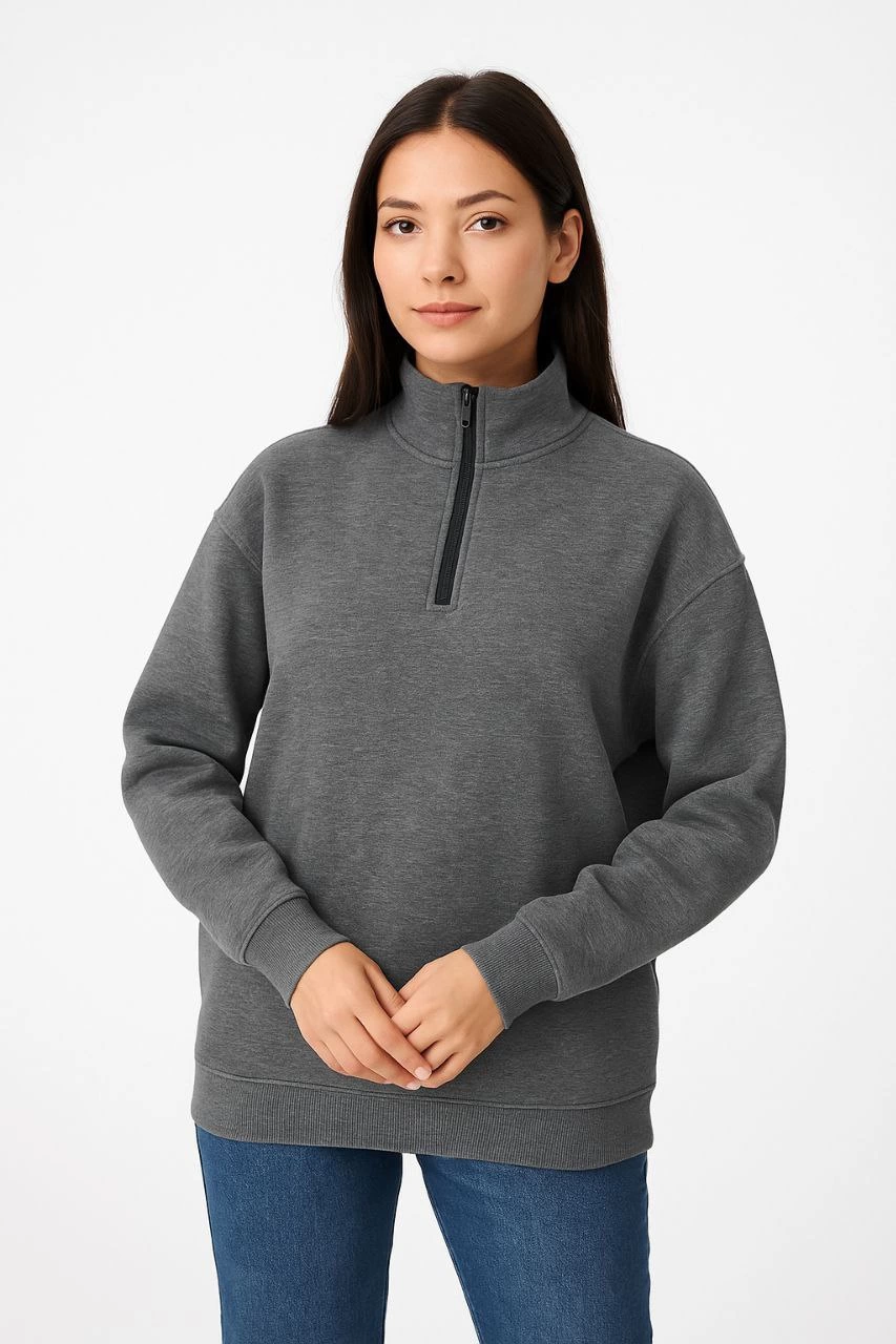 ASSEMA Kadın Üç İplik Dık Yaka Yarım Fermuarlı SweatShirt - Antrasit