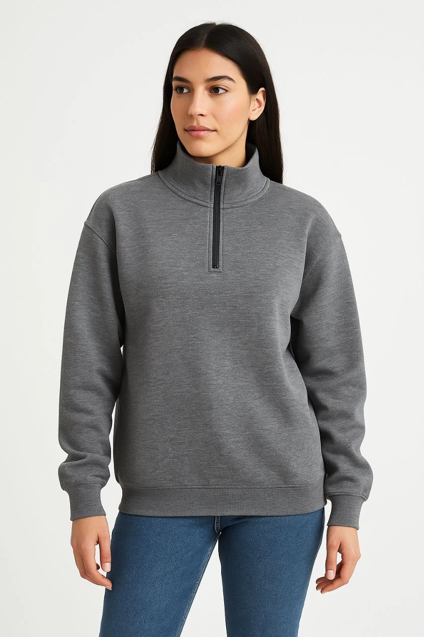 ASSEMA Kadın Üç İplik Dık Yaka Yarım Fermuarlı SweatShirt - Antrasit