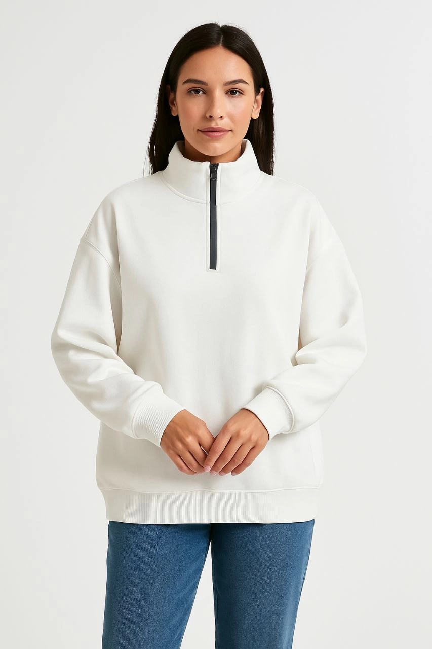 ASSEMA Kadın Üç İplik Dık Yaka Yarım Fermuarlı SweatShirt - Beyaz