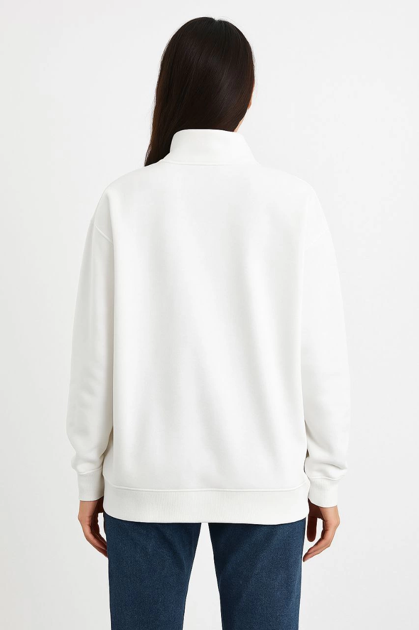 ASSEMA Kadın Üç İplik Dık Yaka Yarım Fermuarlı SweatShirt - Beyaz