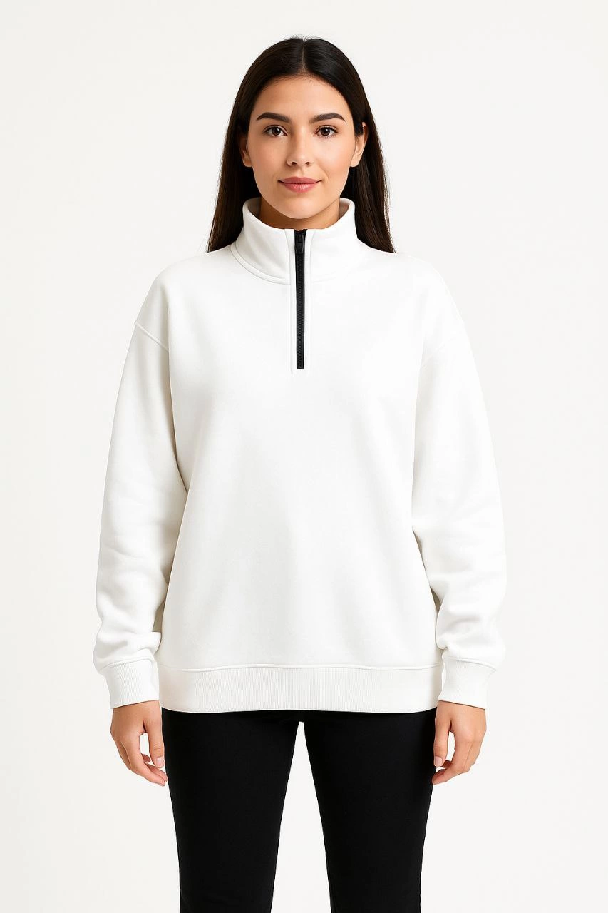 ASSEMA Kadın Üç İplik Dık Yaka Yarım Fermuarlı SweatShirt - Beyaz