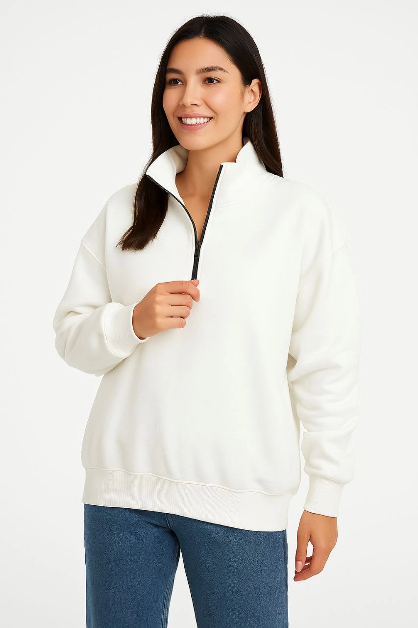ASSEMA Kadın Üç İplik Dık Yaka Yarım Fermuarlı SweatShirt - Beyaz