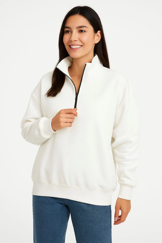 ASSEMA Kadın Üç İplik Dık Yaka Yarım Fermuarlı SweatShirt - Beyaz