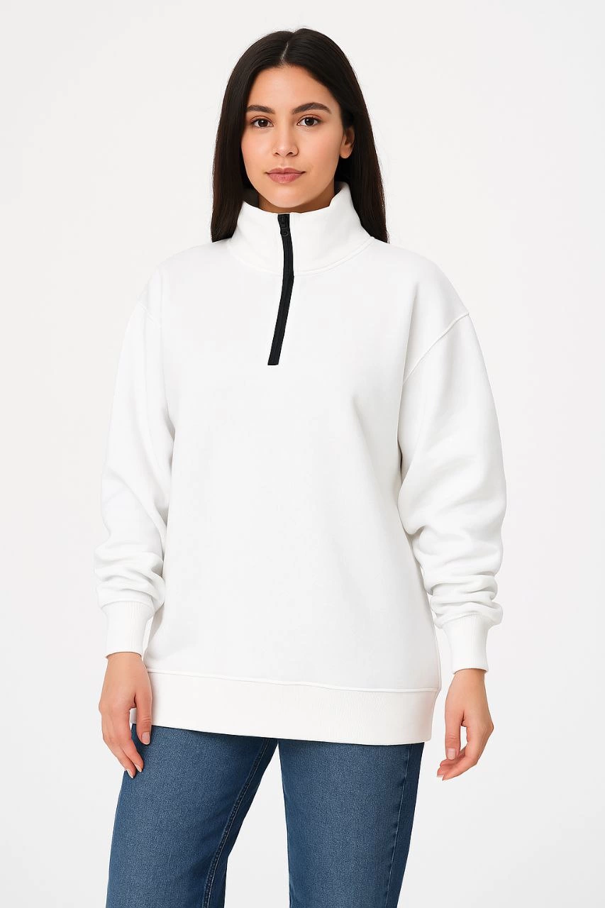 ASSEMA Kadın Üç İplik Dık Yaka Yarım Fermuarlı SweatShirt - Beyaz