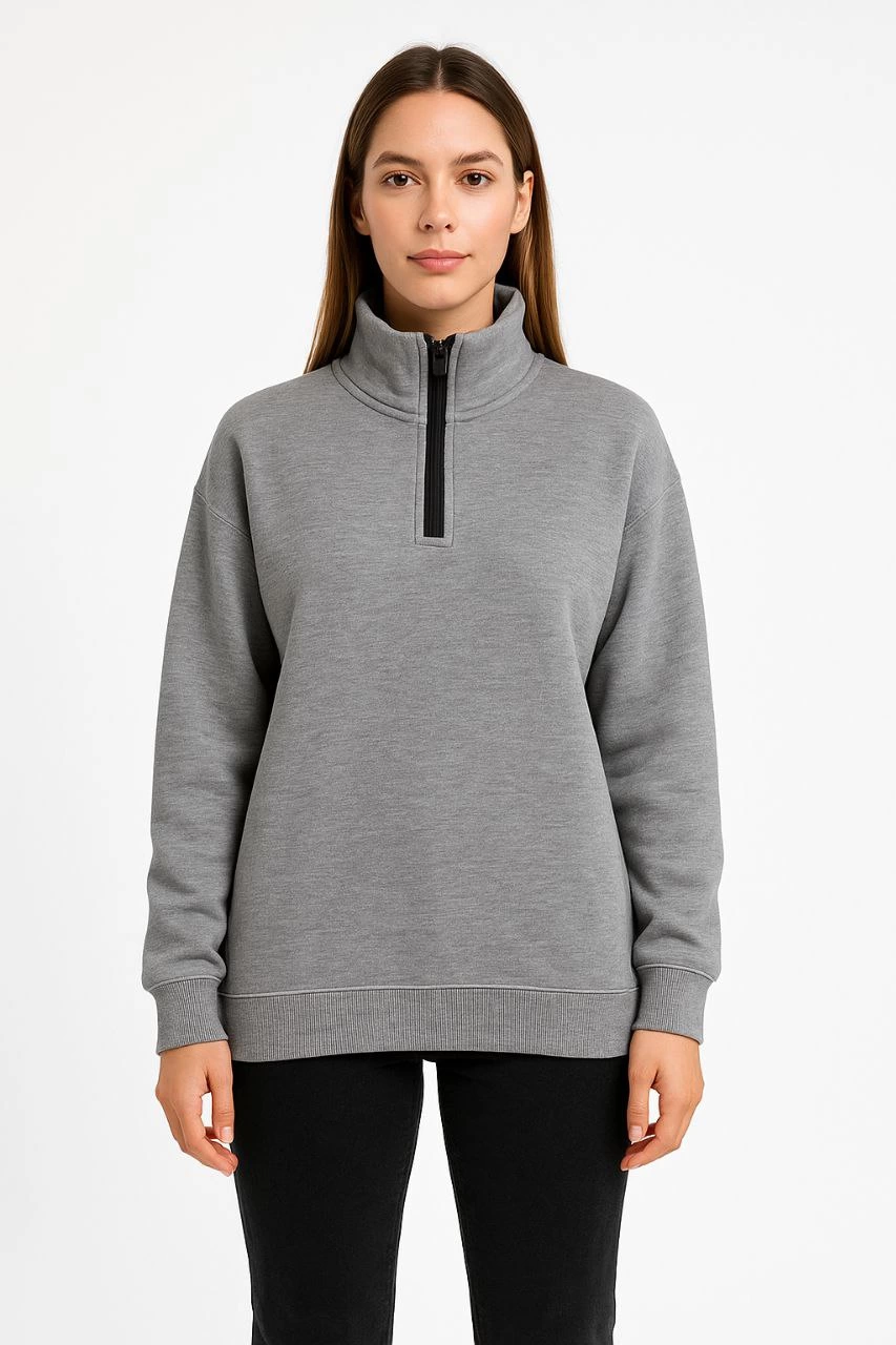 ASSEMA Kadın Üç İplik Dık Yaka Yarım Fermuarlı SweatShirt - Gri