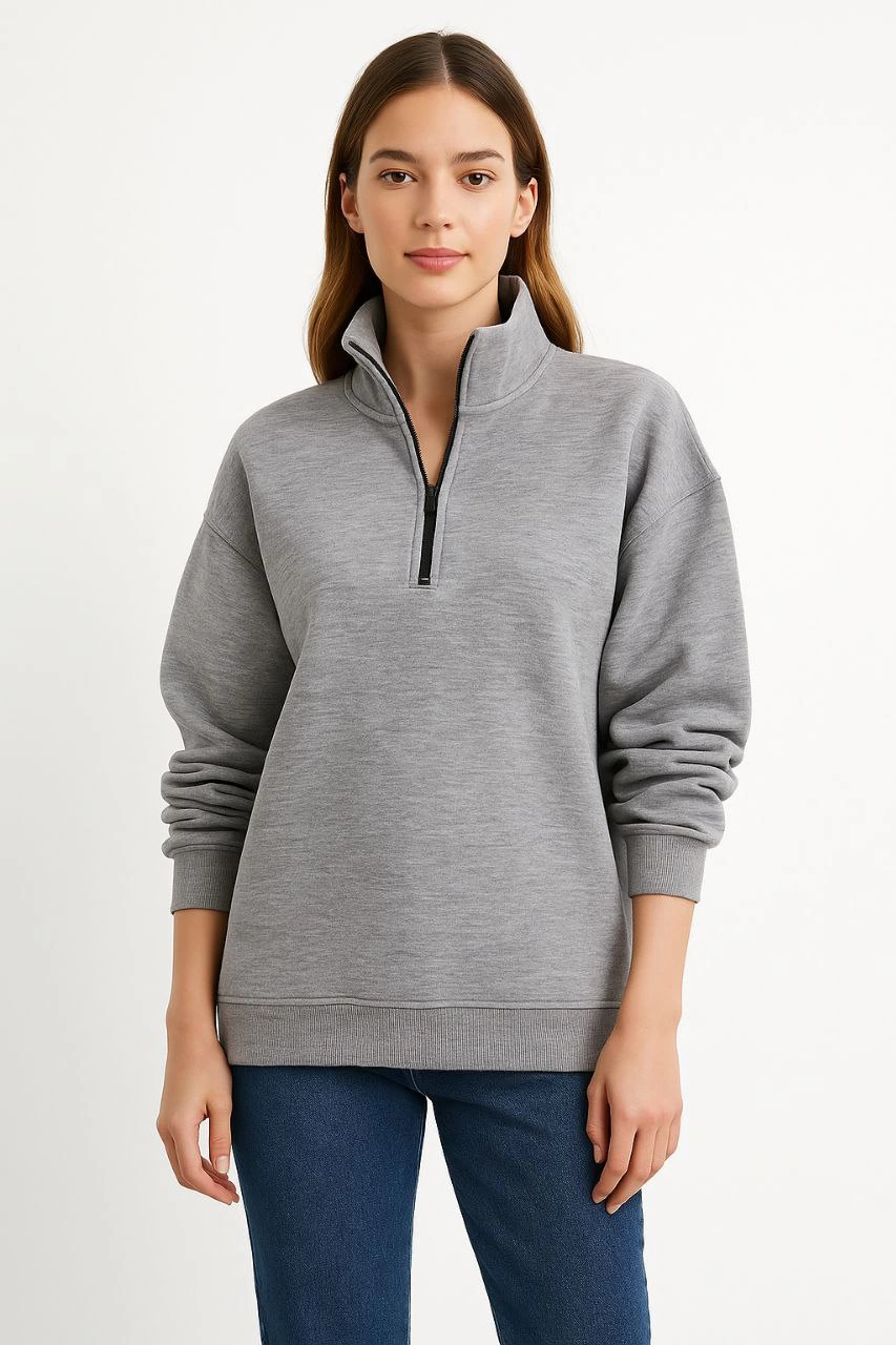 ASSEMA Kadın Üç İplik Dık Yaka Yarım Fermuarlı SweatShirt - Gri