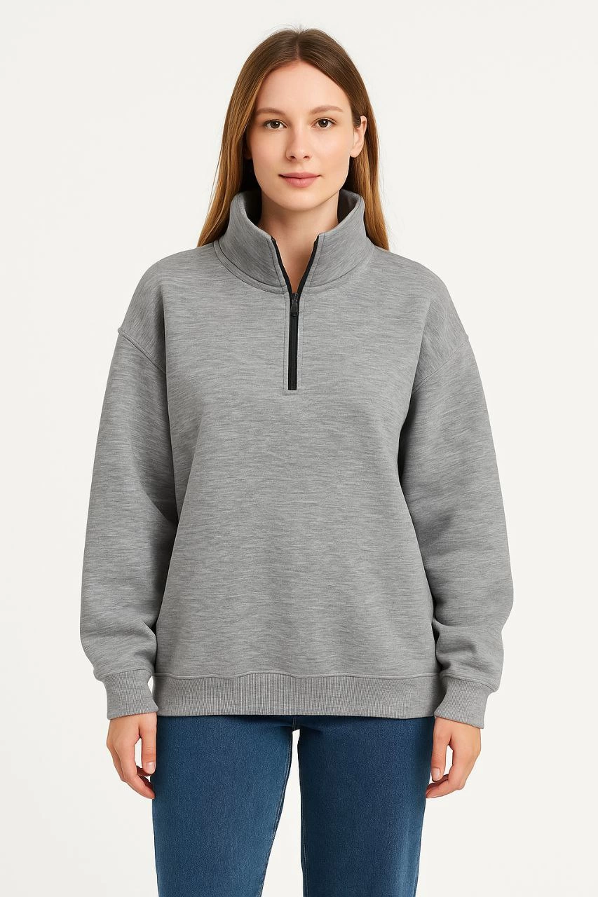 ASSEMA Kadın Üç İplik Dık Yaka Yarım Fermuarlı SweatShirt - Gri