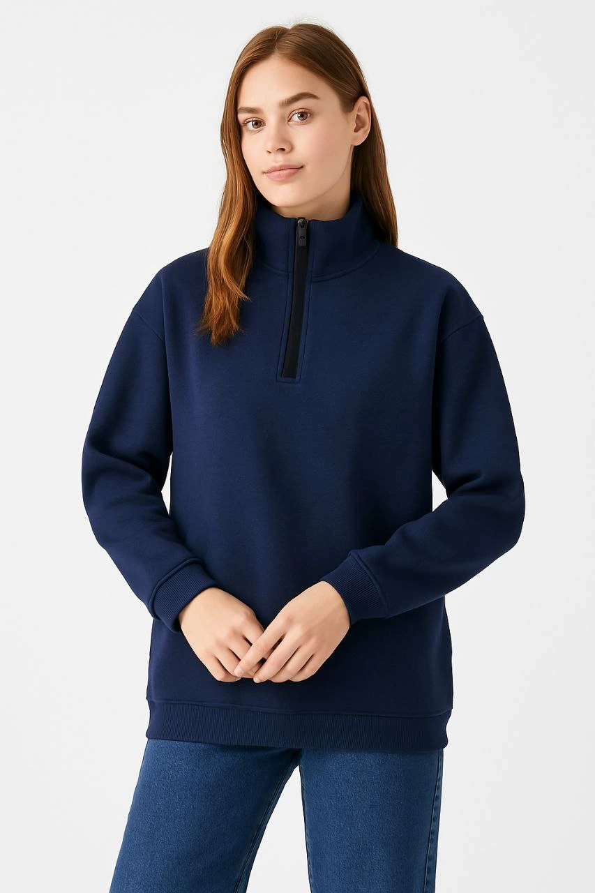 ASSEMA Kadın Üç İplik Dık Yaka Yarım Fermuarlı SweatShirt - Lacivert
